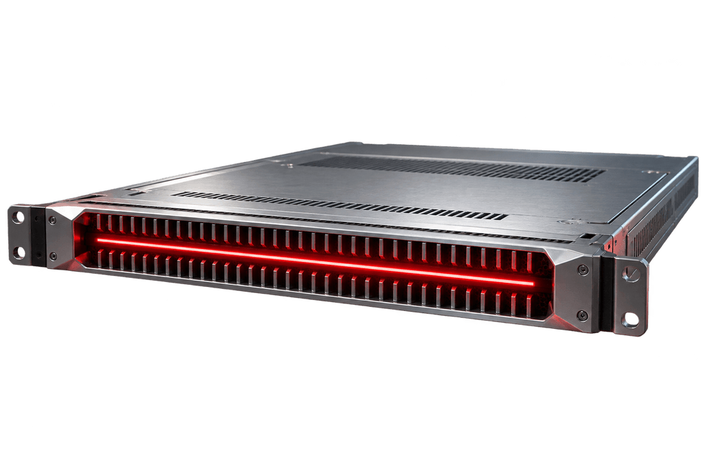 A rack-mounted RCS Web Hosting server blade with a red status light along its front bezel