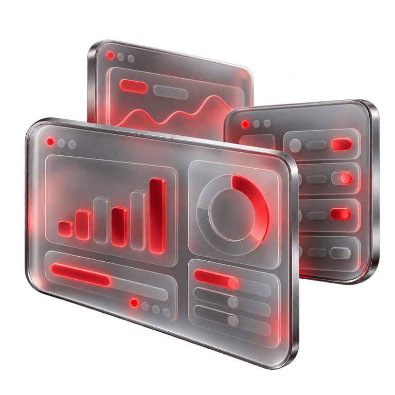 Three translucent glass control panel surfaces showing abstract charts and toggles