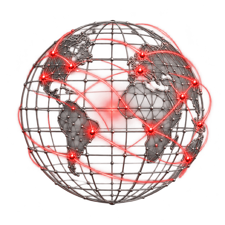 A wireframe globe with glowing red network nodes connected by arcing routes